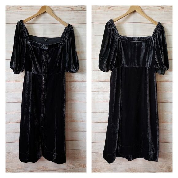 J. Crew Velvet Puff Sleeve Button Front Square Neck Dress Women's Size 8 Black - Picture 5 of 12